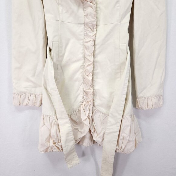 Blanc Noir Belted Coat Size Medium Puff Ruffle Trim Ivory Snap Button Midi - Picture 6 of 15